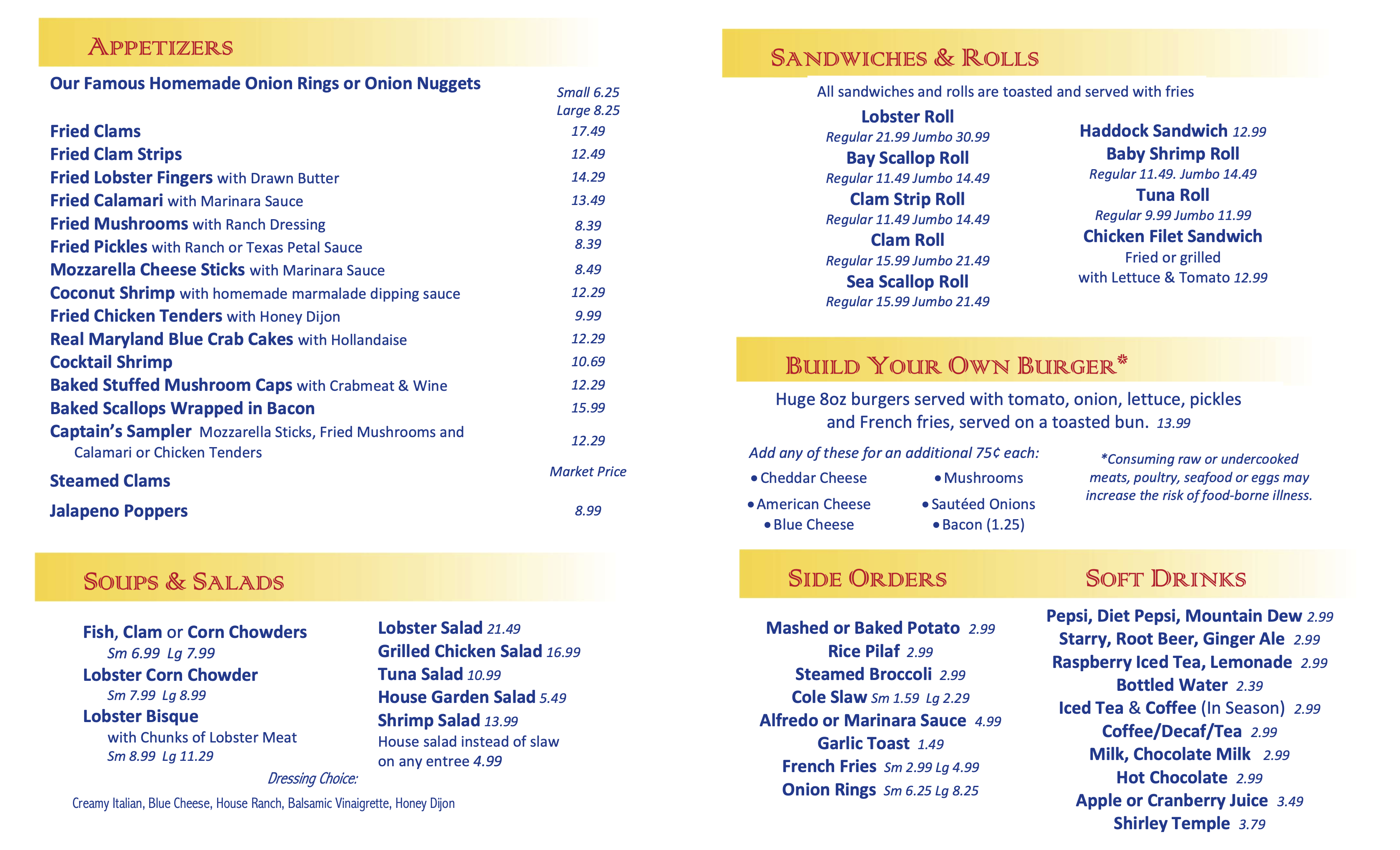 Appetizers, Soups, Salads, Sandwiches, Sides